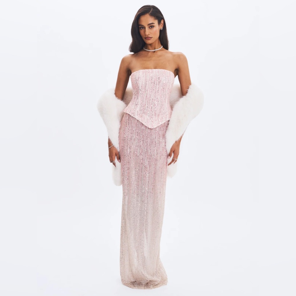 Tosca Beaded Blush Gradient Strapless Peplum Maxi Dress